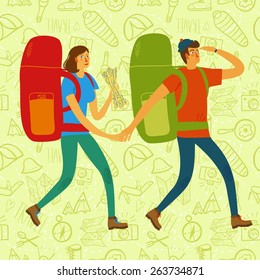 Cartoon traveler girl and boy with a large backpacks and traveling equipment  background. Backpacker illustration 