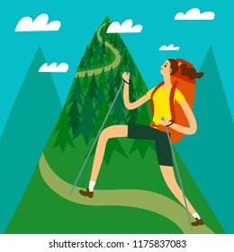 Cartoon traveler girl with a large backpack climbing the mountain. Backpacker illustration for your design.