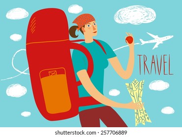 Cartoon traveler girl with large backpack and map. Backpacker illustration 