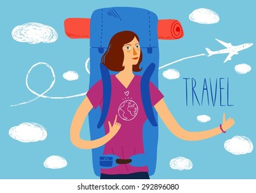 Cartoon traveler girl with a large backpack and plane on background. Backpacker illustration 