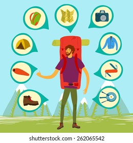 Cartoon traveler hitchhiker with a large backpack and map. Backpacker illustration 