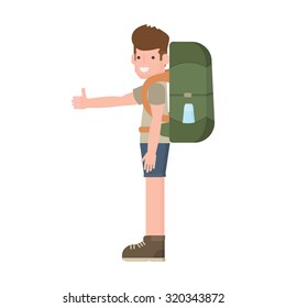 Cartoon traveler hitchhiker with a large backpack concept. Vector illustration in flat style.