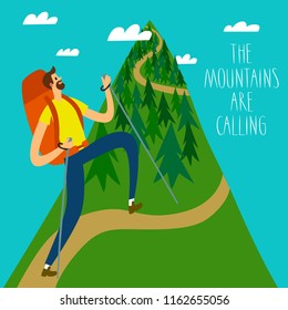 Cartoon traveler with a large backpack climbing the mountain. The mountains are calling title. Backpacker illustration for your design.