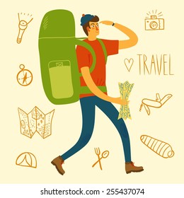 Cartoon traveler with a large backpack and doodle drawings including map, flashlight, camera, knife, sleeping bag, tent, compass. Backpacker illustration 