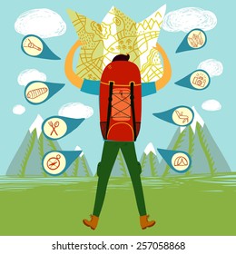Viajero de caricaturas con una gran mochila y un mapa. Ilustración de Backpacker 