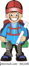 Viajero de caricaturas con una gran mochila y un mapa. Ilustración del mochilero.
