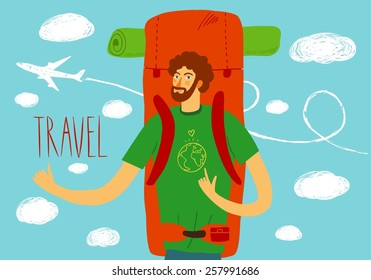 Cartoon traveler with a large backpack and plane on background. Backpacker illustration 