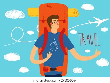 Cartoon traveler with a large backpack and plane on background. Backpacker illustration 
