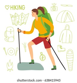 Cartoon traveler woman with a large backpack and trekking poles walking up the road. Including doodle drawings as map, flashlight, camera, knife, sleeping bag, tent, compass. Hiking illustration 