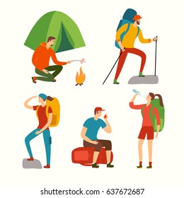 Cartoon travelers set with large backpacks. People hiking. Backpacker illustration 