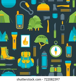 Cartoon Traveling Camping and Hiking Background Pattern on a Blue Flat Design Style Outdoor Summer Leisure. Vector illustration