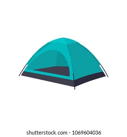 Cartoon traveling touristic tent icon. Blue camping equipment, leisure outdoor activity element. Summer tourism, vacation dome, shelter. Vector illustration, isolated background