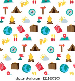 Cartoon travelling and camping seamless pattern. Hipster background. Vector