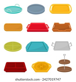 Cartoon trays. Isolated empty meal tray, equipment for canteen, cafeteria or restaurant. Wooden, plastic and metal kitchen neoteric vector elements