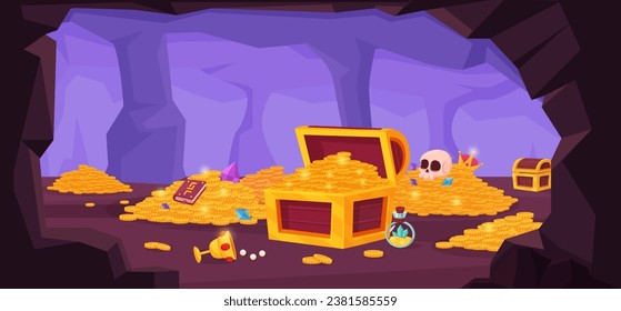 Ilustración de la cueva del tesoro de dibujos animados. Montañas doradas, taza y cofre de madera con dinero. Piedras y joyas, tesoros piratas hoy en escena vectorial