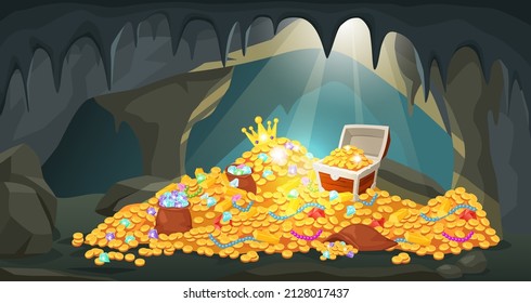 Cartoon Treasure Cave With Piles Of Coins, Gold Bars, Gems And Jewels. Hidden Ancient Mine With Pirate Treasures And Jewelry Vector Illustration. Pile Gold Treasure Cartoon
