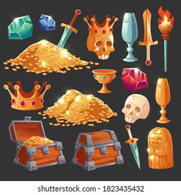 Cartoon treasure chest with golden coins, crystal magic gems, human skull in crown, sword in gold pile and goblet with precious rocks, ancient statue and burning torch vector illustration, icons set