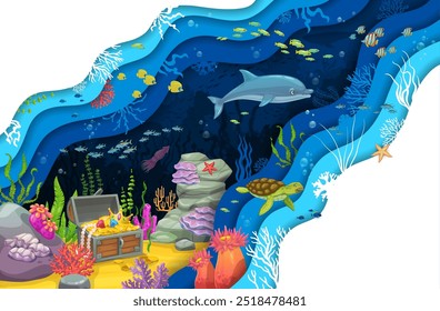 Cofre del tesoro de la historieta y animales marinos en el paisaje submarino cortado de papel. Marco ondulado brillante del papercut del Vector 3D con la vida marina tropical. Paisaje con delfín, tortuga, calamares, bancos de peces y algas