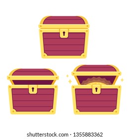 Cartoon Treasure Chest Set, Open And Closed. Pirate Gold Isolated Vector Illustration.