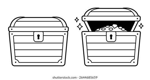 Cartoon treasure chest set, open and closed. Black and white line drawing. Pirate gold isolated vector illustration.