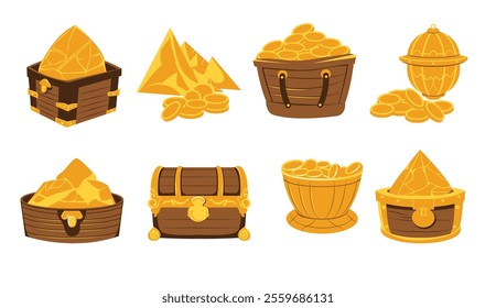 Cartoon treasure chest vector set, gold treasure box illustration, golden treasure chest isolated on white background, pirate treasures clip art, wooden treasure chest full of gold coins