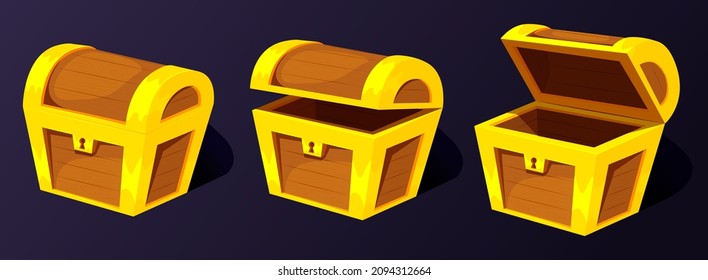 Cartoon treasure chest. Wooden chests, animation open empty wood box. Closed ancient chest with lock. Game wooden box with open cover vector icons