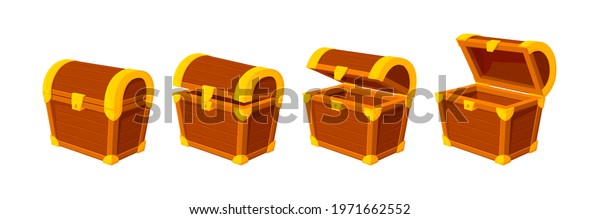 Cartoon treasure chest. Wooden chests, animation\
open empty wood box. Game icons or mysterious elements, vintage\
opened closed recent vector\
design