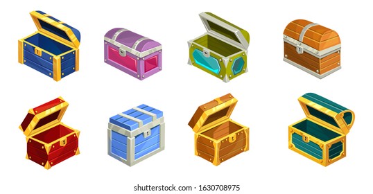 Cartoon treasure chests set on white background vector illustration. Collection of unique wooden boxes flat style. Colourful bright opened and closed chests with keyholes