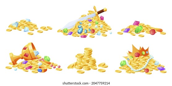 Cartoon treasure golden jewelry set vector flat illustration. Collection of gold coins, jewels, crown, gems and crown isolated. Shiny antique rich wealth. Pirate currency. Finance success cash profit