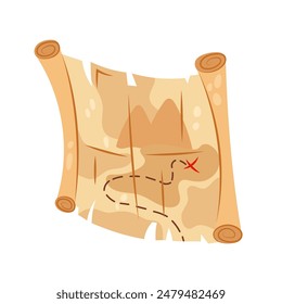 Cartoon treasure map in flat style. Pirates map. Old map. Cartoon kids illustration of card on white background.