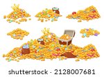 Cartoon treasure piles coins, jewels, gems and gold bars. Pirate treasures, pile of gold, precious stones, wooden chest, crown vector set. Illustration of golden pile, gold medieval pirate abundance