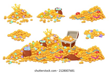Cartoon treasure piles coins, jewels, gems and gold bars. Pirate treasures, pile of gold, precious stones, wooden chest, crown vector set. Illustration of golden pile, gold medieval pirate abundance