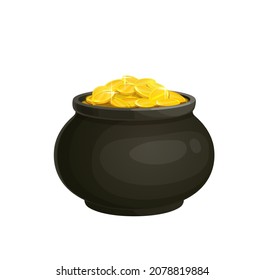 Cartoon treasure pot with golden coins. Fairytale treasure, saint Patrick holiday celebration symbol, fantasy game vector icon or object, Irish folklore leprechaun hidden pot of gold