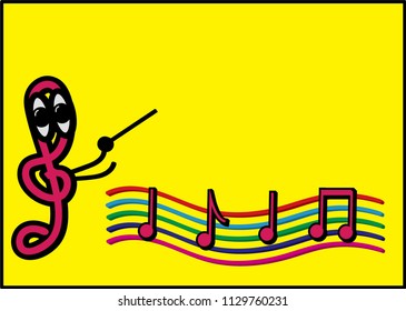 Cartoon: The treble clef as a Conductor and Music Notes on the rainbow staff on the yellow background with copy space.