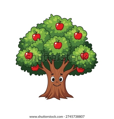 A cartoon tree with apples and a smiling face