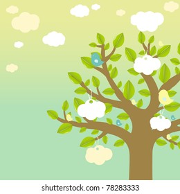 Cartoon Tree And Bird, Vector Illustration