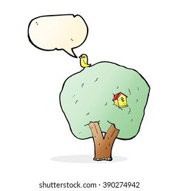 cartoon tree with birdhouse with speech bubble