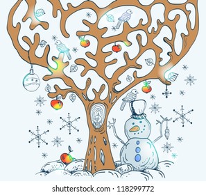 Cartoon tree with birds and snow, card for Christmas or New Year design, vector