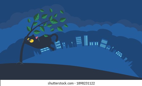 Cartoon tree and black cat in the storm and distant city, windy weather.
