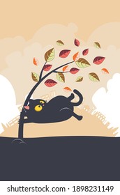 Cartoon tree and black cat in the storm and distant city, windy weather.