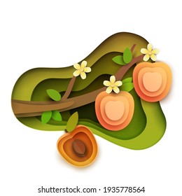 Branche de l'arbre à dessin avec pêche et fleurs dans un style géométrique moderne de papier coupé en 3d isolée sur fond rose. Vive élément d'art vectoriel créatif. Concept minimaliste d'illustration abstraite du design.