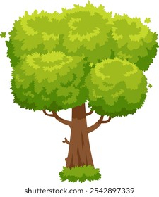 Árbol de la historieta con el tronco marrón, las hojas verdes y la hierba en la base, aislado en el fondo blanco, representando la naturaleza, el crecimiento, y los conceptos ambientales