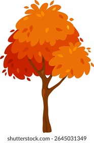 Cartoon tree with brown trunk and orange and red leaves falling, representing autumn season, isolated on white background, ideal for educational and children projects