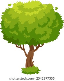 Cartoon tree with brown trunk and thick round crown with bright green leaves growing in the grass is isolated on white background