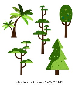 Cartoon tree. Collection of trees. Simple flat forest flora, coniferous and deciduous trees, oak, pine, Christmas trees isolated plants. Vector illustration set.