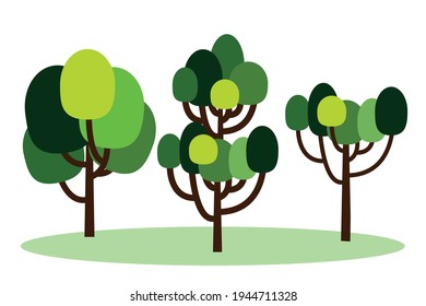 Cartoon tree. Collection of trees. Simple flat forest flora, coniferous and deciduous trees, oak, pine,