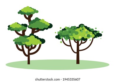 Cartoon tree. Collection of trees. Simple flat forest flora, coniferous and deciduous trees, oak, pine, Christmas trees isolated plants. Vector illustration set.