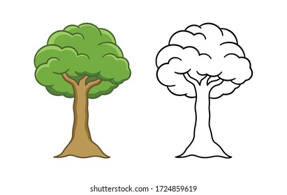 Cartoon tree colored and outline vector illustration. Simple coloring worksheet workbook page for kids.