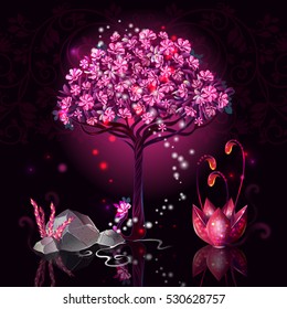 Cartoon tree composition with abstract pink three with beautiful flowers and stones on the floor vector illustration