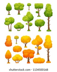 Cartoon tree. Cute wood plants and bushes. Green and yellow autumn summer planting trees sign for garden forest eco park environmental planet wood plant vector landscape isolated icon elements set